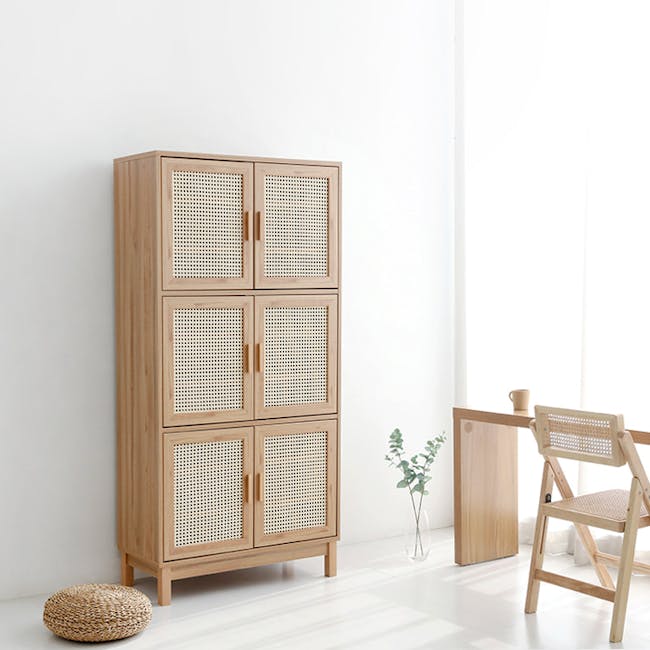 Belig 6 Door Rattan Tall Cabinet 0.9m - 14 - Wooden cabinet with perforated design, light brown finish, minimalist interior