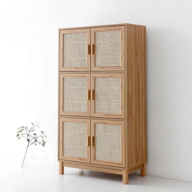 Belig 6 Door Rattan Tall Cabinet 0.9m - 15 - Wooden cabinet with woven lattice design, minimalist interior, light brown