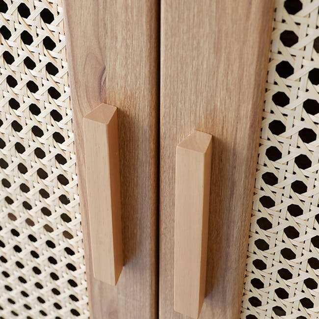 Belig 6 Door Rattan Tall Cabinet 0.9m - 8 - Wooden door handle, woven lattice, intricate design, natural wood grain, smooth