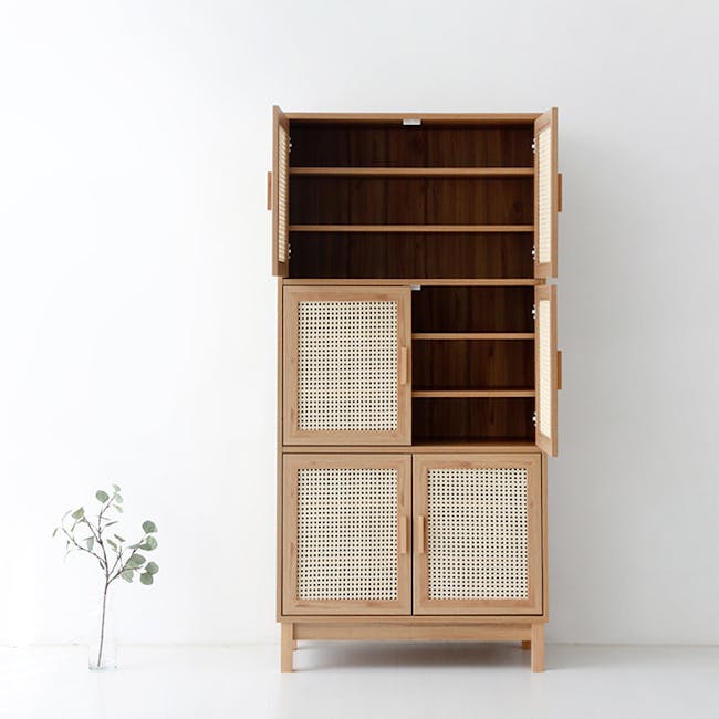 Belig 6 Door Rattan Tall Cabinet 0.9m - 2 - Wooden shelving unit with woven accents, minimalist design, open shelving