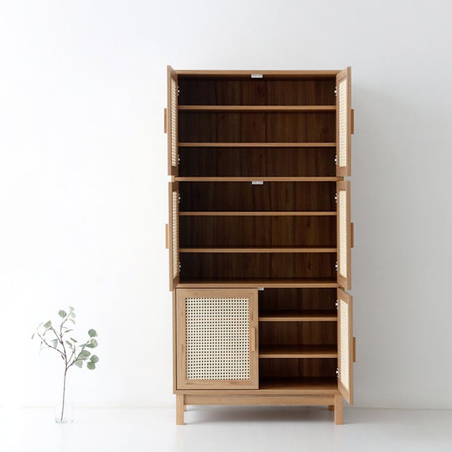 Belig 6 Door Rattan Tall Cabinet 0.9m - 3 - Wooden shelving unit, minimalist design, open shelves, natural wood finish