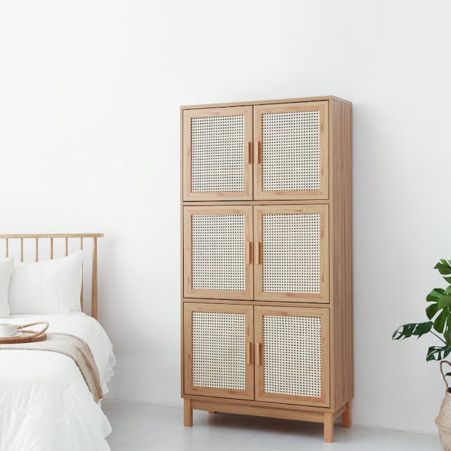 Belig 6 Door Rattan Tall Cabinet 0.9m - 13 - Wooden wardrobe with woven panels, minimalist design, light wooden finish, four