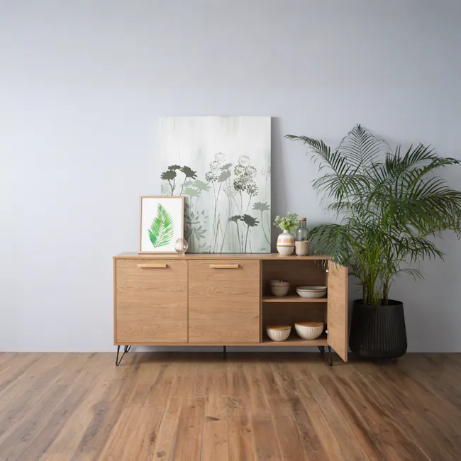 Sandra Sideboard 1.5m - Oak - 2 - Light wood cabinet, minimalist design, natural wood finish, open cabinet doors, decorative
