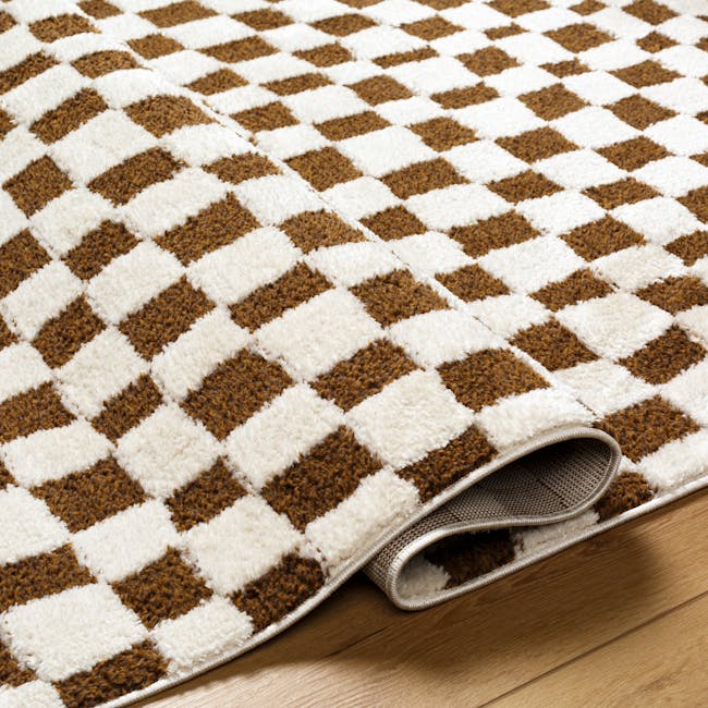 Adler Low Pile Checkerboard  Rug - Walnut (3 Sizes) - 3 - Brown and white checkered rug, textured fabric, fluffy surface