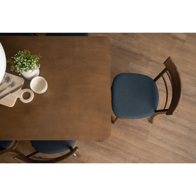 Charmant Dining Table 1.1m - Cocoa - 3 - Wooden dining table, blue upholstered chair, wooden floor, modern dining setup