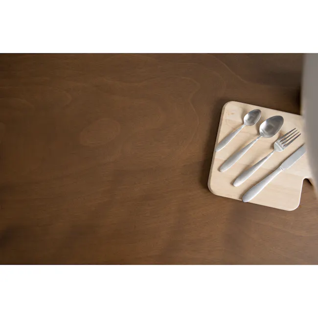 Charmant Dining Table 1.1m - Cocoa - 5 - Wooden table, wooden cutting board, silverware set, white utensils, neatly