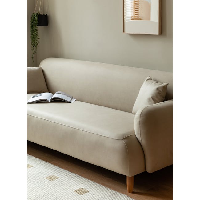 Miko 2 Seater Sofa - Rice White (Pet Friendly) - 5 - Mellow beige sofa, minimalist decor, soft natural light, cozy reading