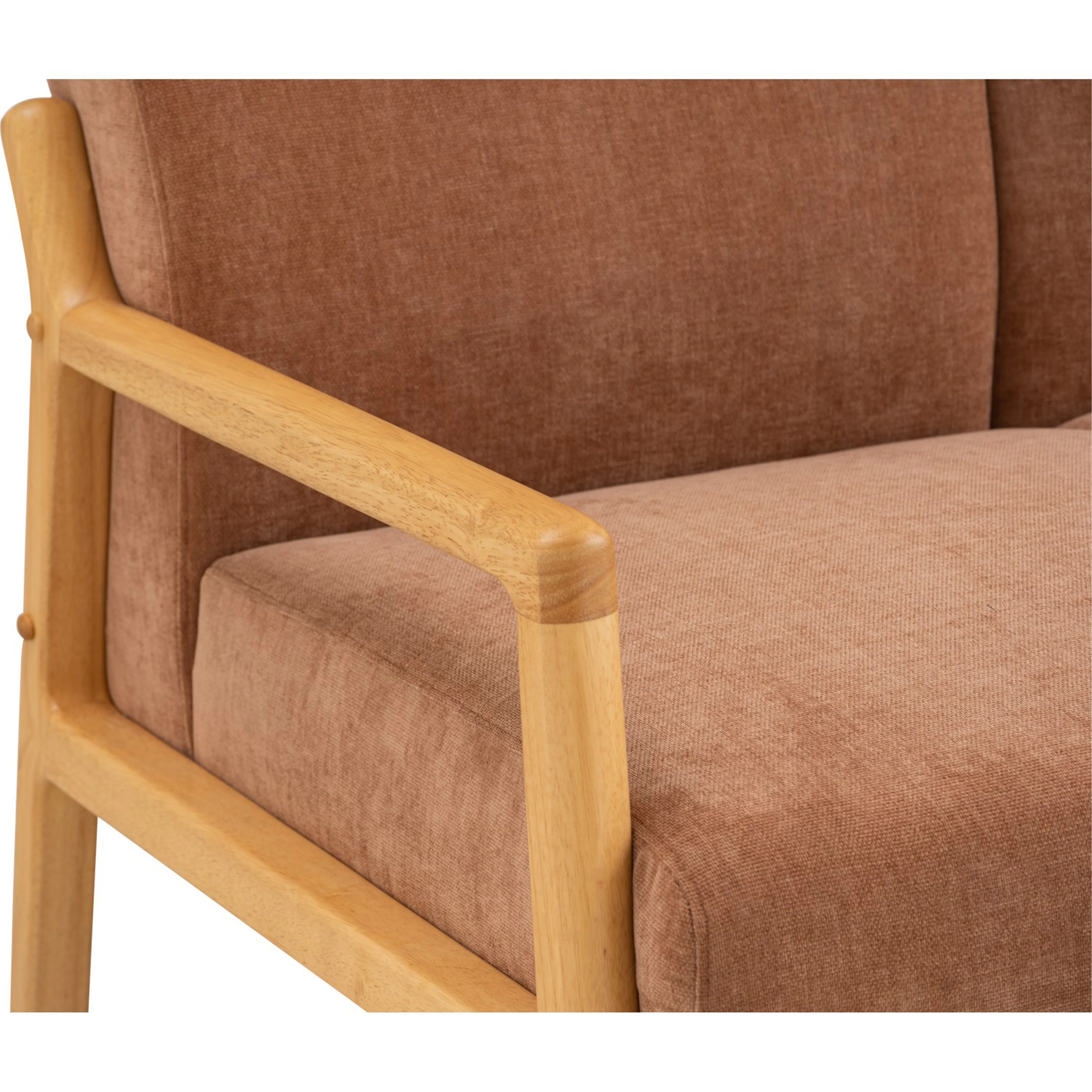 Mendo 2 Seater Sofa - Coral (Fabric) - 10 - Wooden armrest, cushioned upholstery, beige fabric, natural wood finish, simple