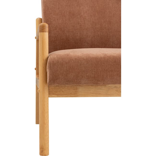 Mendo Armchair - Coral (Fabric) - 5 - Wooden armrest, brown fabric cushion, minimalist design, natural wood finish, simple