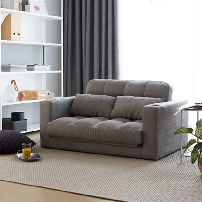 Holmes 2 Seater Sofa Bed - Grey (Eco Clean Fabric) - 2 - Grey upholstered sofa, minimalist decor, modern living room, cozy