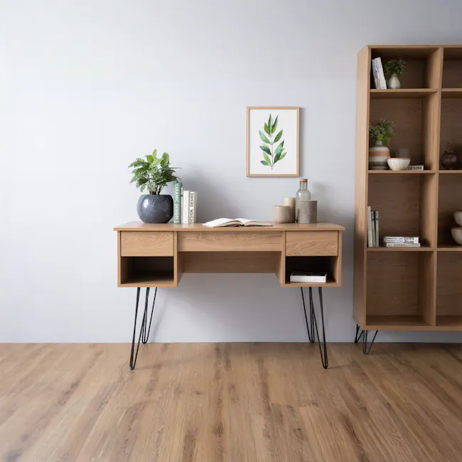 Sandra Study Table 1.2m - Oak - 2 - Wooden desk, minimalist design, modern decor, open book, green plant, ceramic vase