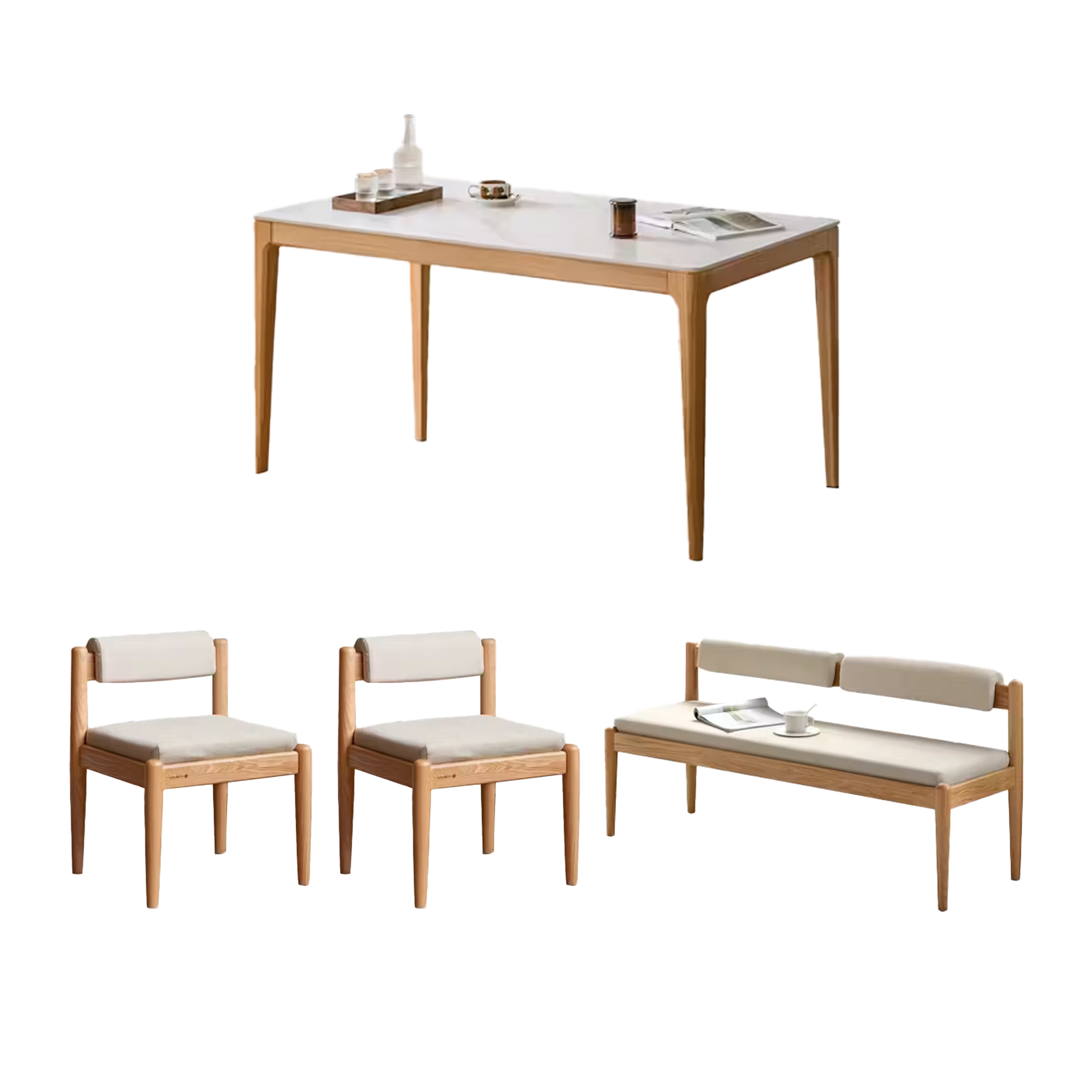 Adelyn Dining Table 1.4m (Sintered Stone) with 2 Niel Chairs and Niel Bench 1.25m in Oak