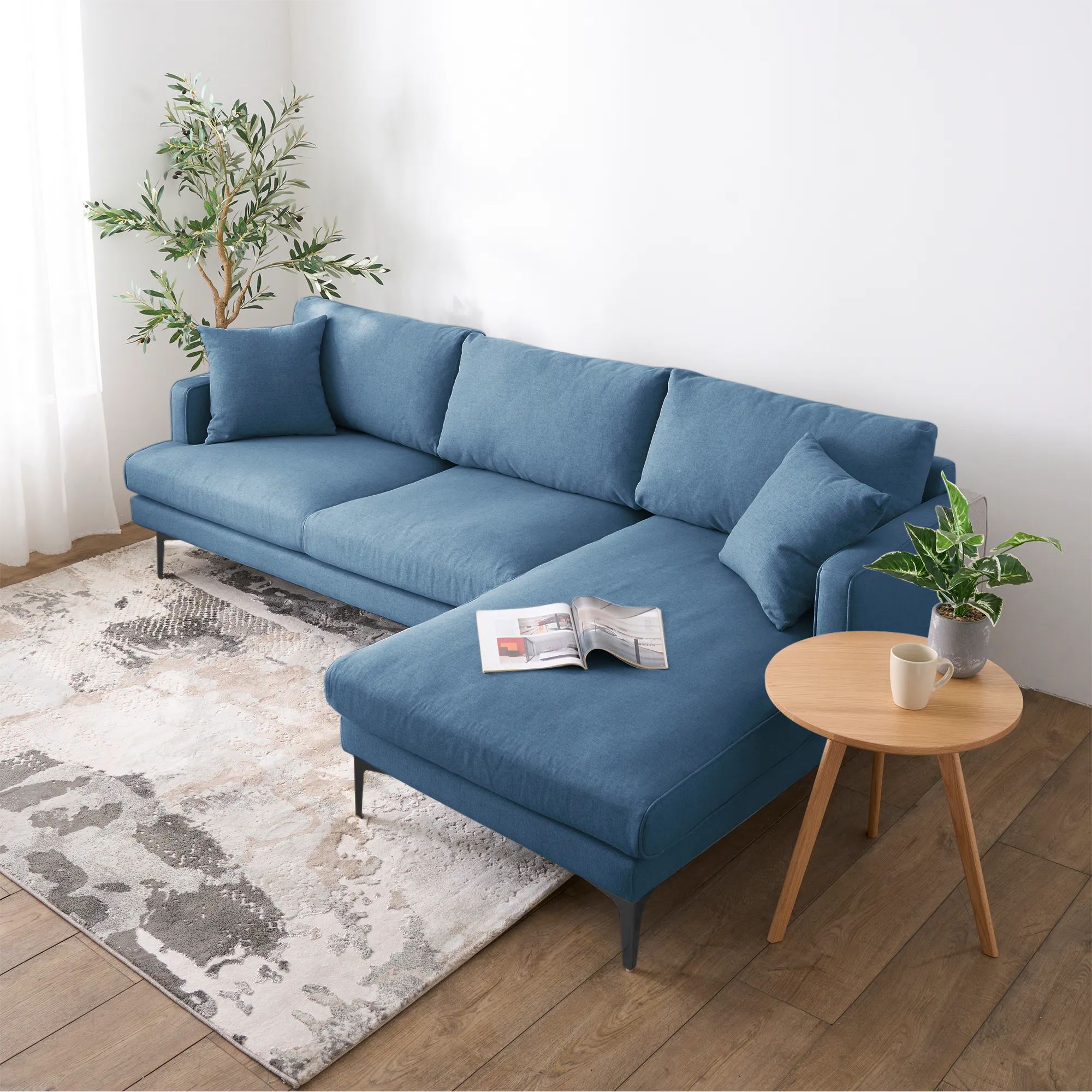 Declan L-Shaped Sofa - Walnut, Blue - 22 - Modern living room, cozy sofa, blue fabric, comfortable cushions, natural light