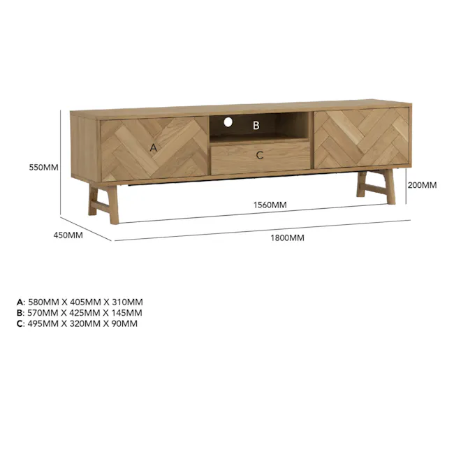 Gianna TV Console 1.8m - 8 - Wooden sideboard, 550mm height, 1560mm width, 200mm depth, A: 580mm x 405mm x 310mm, B: 570mm x