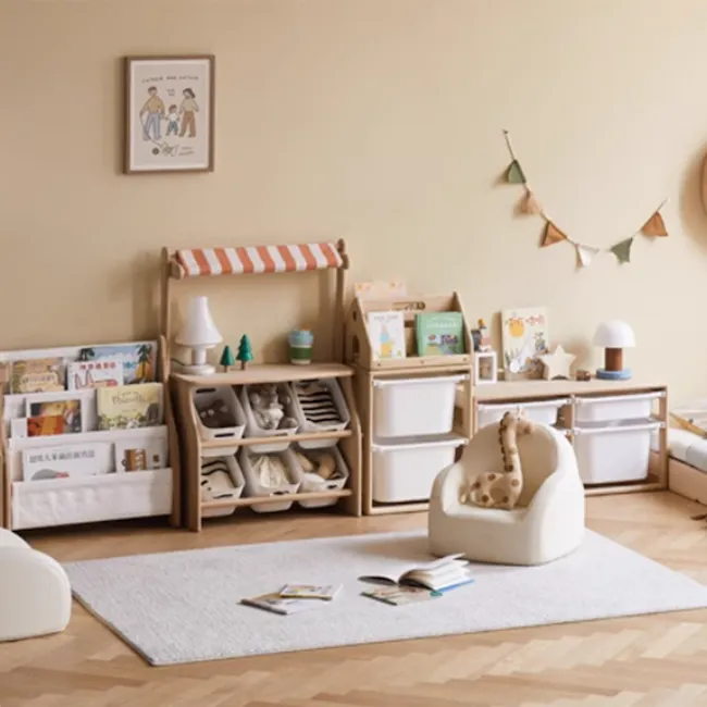 Micah Wooden Kids House Book Organiser - 11 - Children's playroom, cozy corner, nursery, soft lighting, wooden furniture
