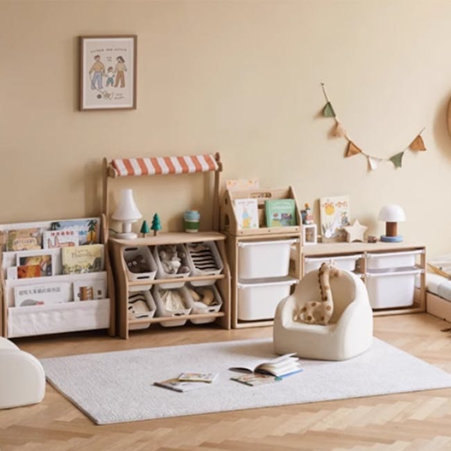 Micah Wooden Kids Toys Storage - Set of 3 - 2 - Children's playroom, cozy corner, nursery, soft lighting, wooden furniture