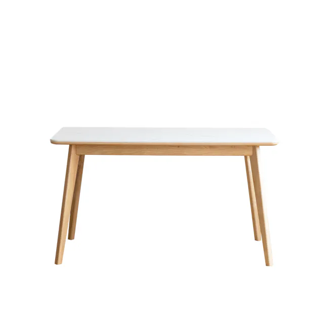 Nellie Dining Table 1.4m - Oak (Sintered Stone) - 1 - Modern minimalist table with light wood legs, white marble top, clean