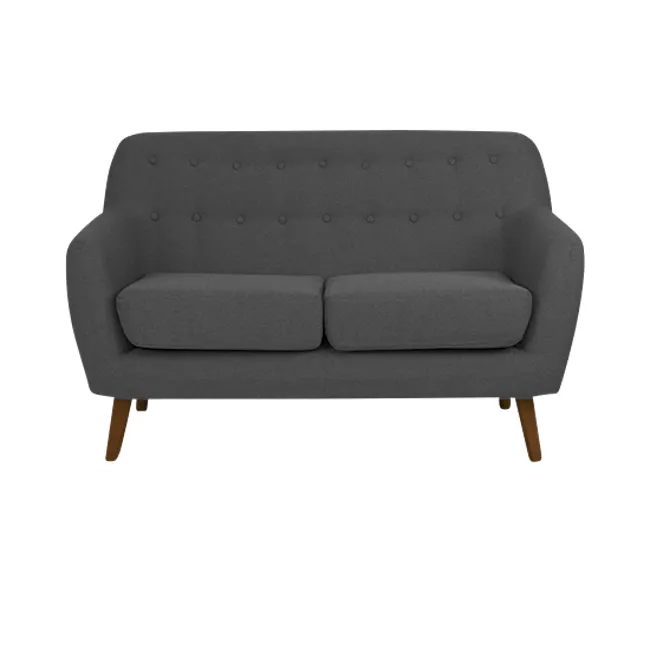 Emma 2 Seater Sofa - Raven - 20 - Grey upholstered sofa with tufted backrest and armrests, wooden legs, minimalist design