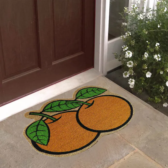 Mandarin Oranges Coir Door Mat - 2 - door mat, doormat, orange design, leaf design, green leaves, orange and green design