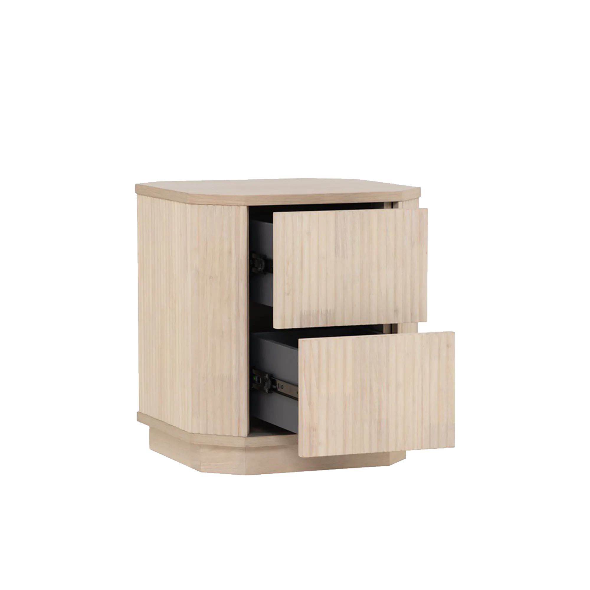 Claire Bedside Table - 15 - Wooden side table, minimalist design, light wood finish, open drawer, two-tone wood, vertical