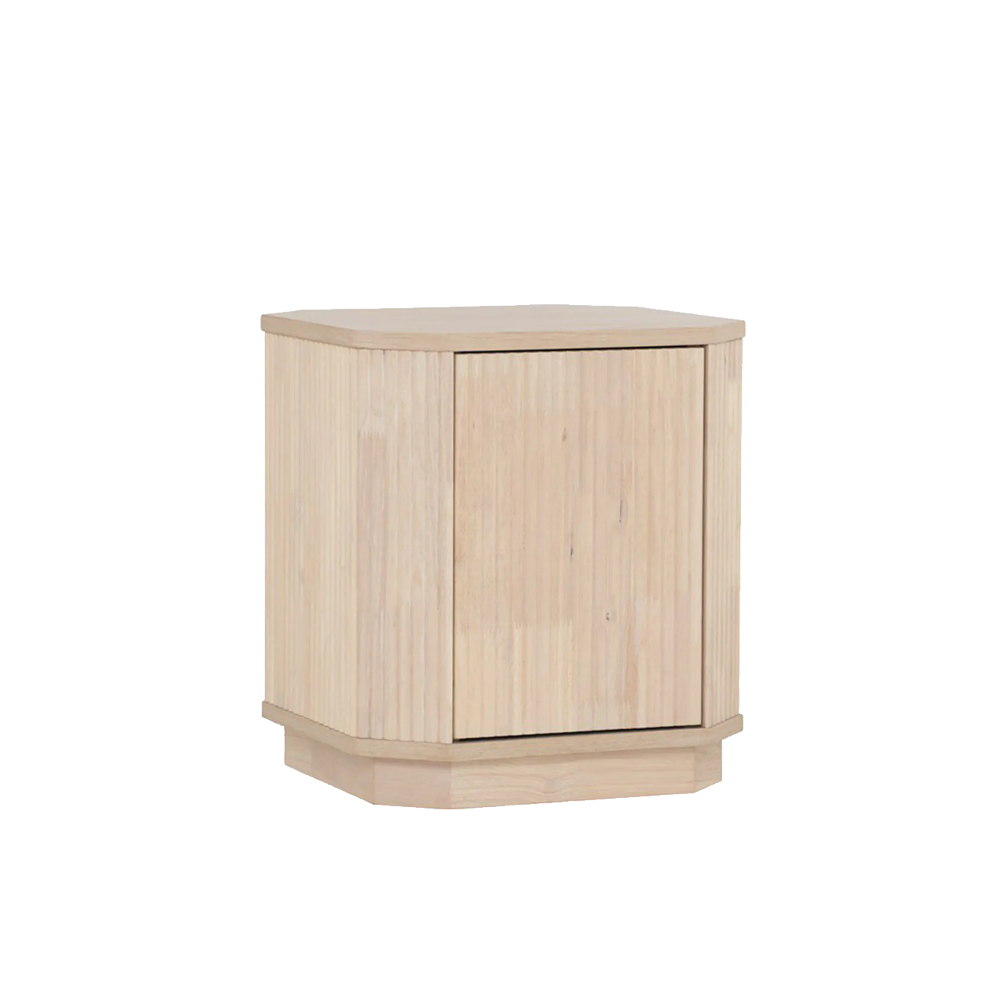 Claire Bedside Table - 9 - Wooden cabinet, minimalist design, light wood finish, vertical slats, natural texture, soft