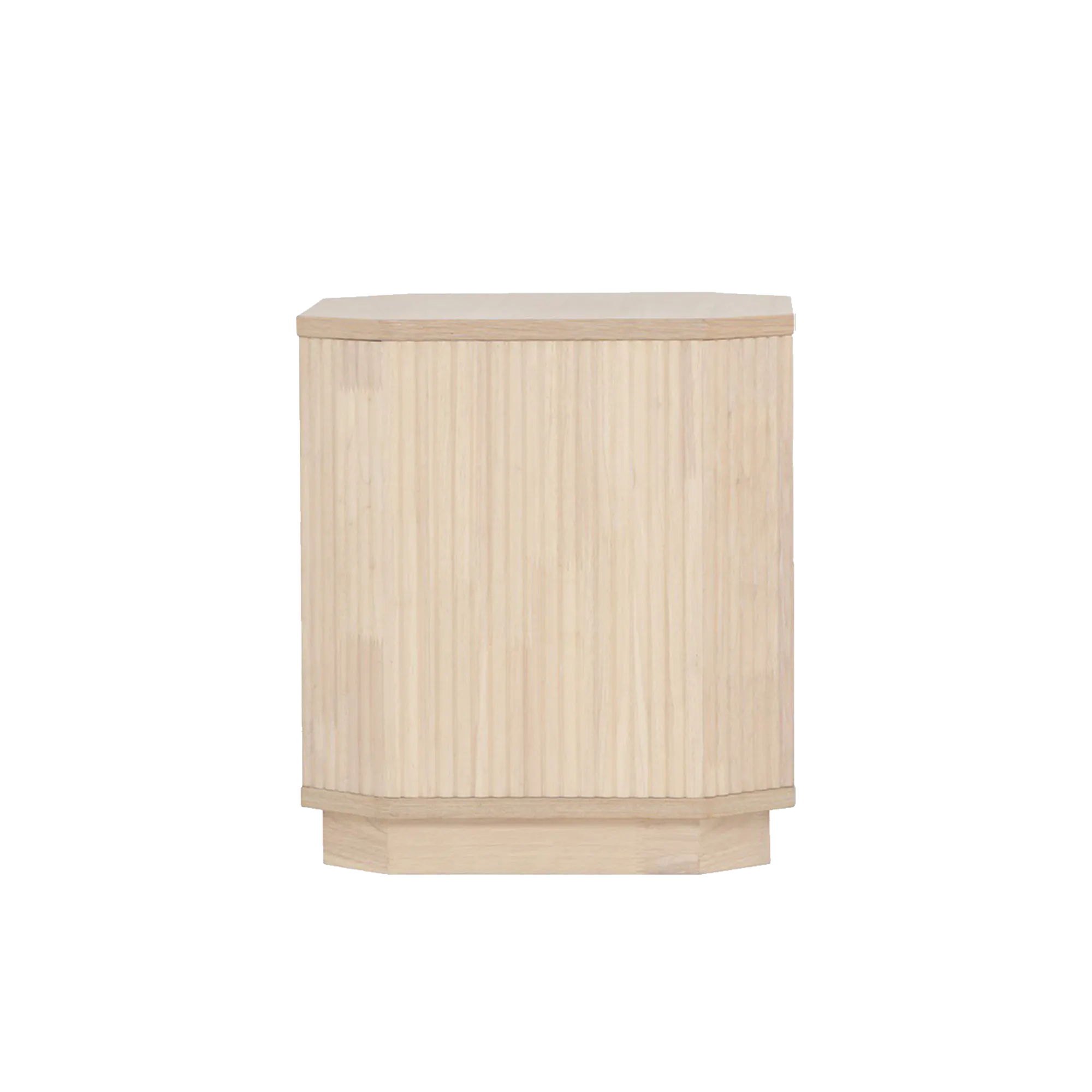 Claire Bedside Table - 14 - Wooden, minimalist, round, pedestal, light wood, natural finish, vertical slats, horizontal