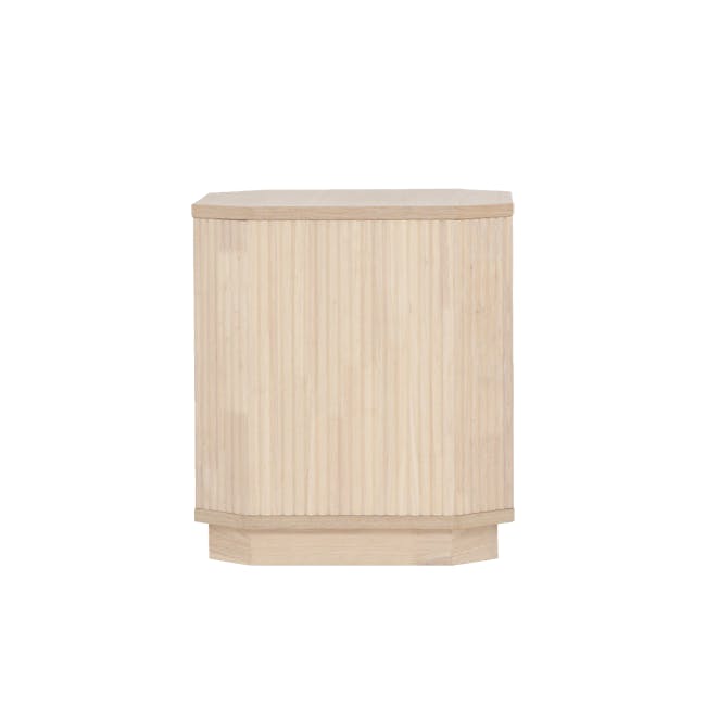 Claire Bedside Table - 14 - Wooden, minimalist, round, pedestal, light wood, natural finish, vertical slats, horizontal