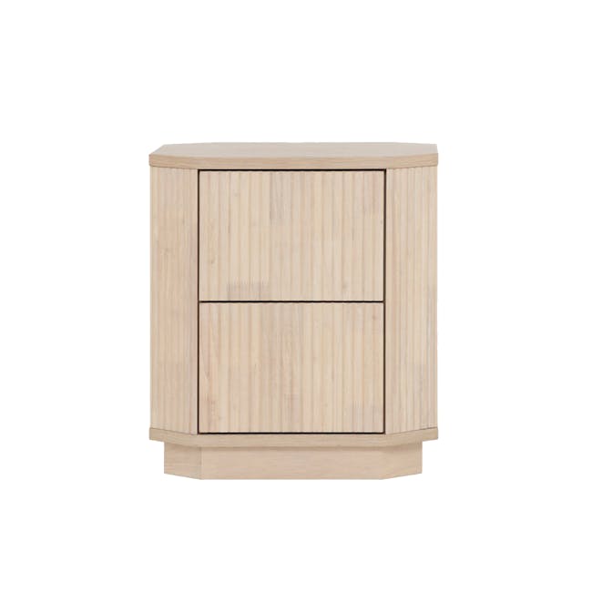 Claire Bedside Table - 1 - Wooden cabinet with two doors, light wood finish, minimalist design, floating shelf, vertical