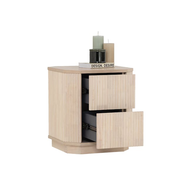 Claire Bedside Table - 2 - Light wood cabinet, minimalist design, modern decor, abstract background, soft lighting, vertical
