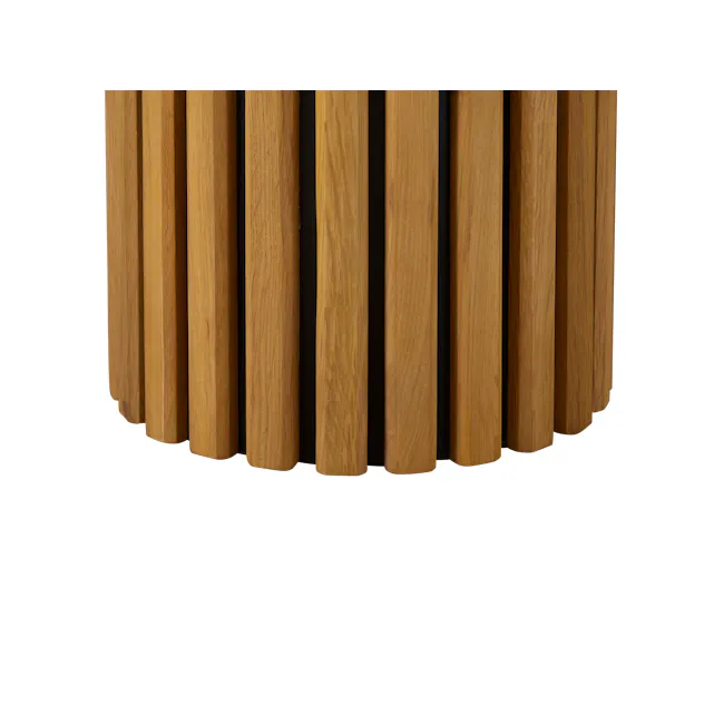 Ellie Round Terrazzo Side Table - 2 - Wooden slats, vertical, natural, light brown, smooth, glossy, polished, texture