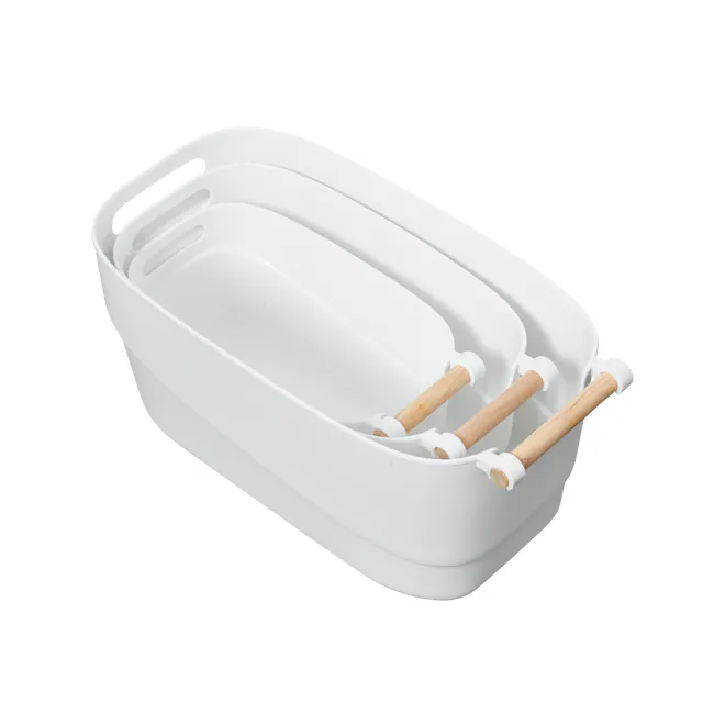 Maddy Storage Box with Wooden Handle - Medium - 2 - White ceramic dish with wooden handles, rectangular shape, flat bottom