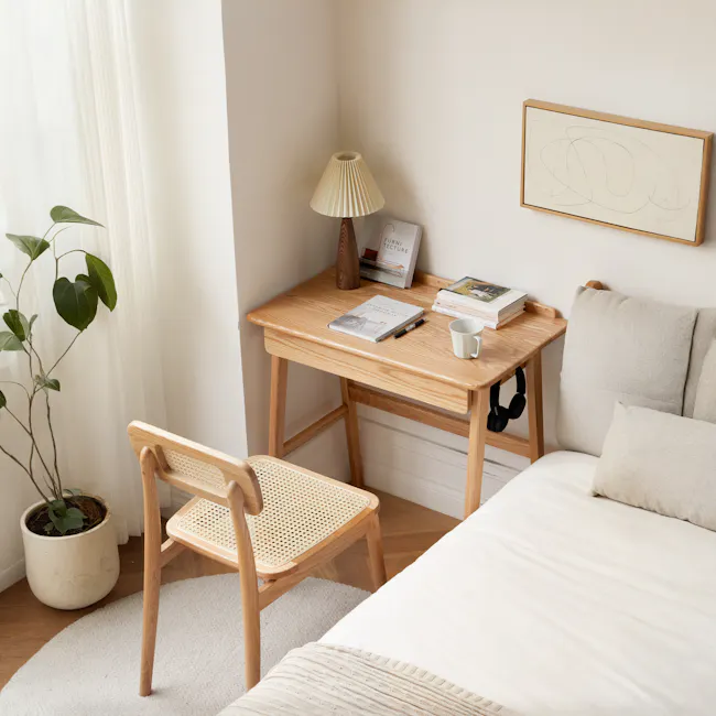 Chase Study Table 1m - 8 - Wooden desk, beige lamp, white wall, light beige book, stack of books, white mug, wooden chair