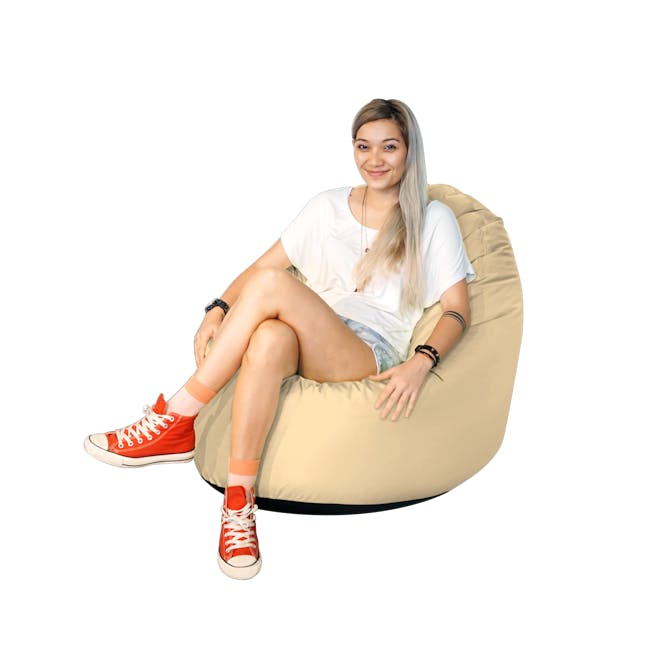 Doob Oomph Water-Repellent Bean Bag Chair - Winter Wheat (2 Sizes) - 3 - White background, woman sitting, casual attire
