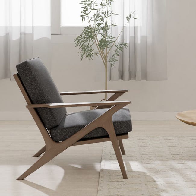 Aston Armchair - Seal - 4 - modern minimalist chair, wooden frame, gray upholstered seat, natural light streaming, indoor