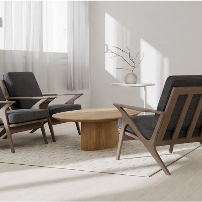 Aston Armchair - Seal - 7 - Modern minimalist living room, cozy armchair, natural wood coffee table, soft pastel color