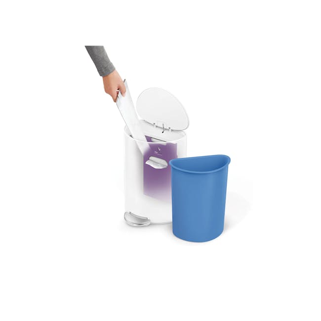 simplehuman 6L Semi Round Step Bin - White - 5 - Portable water dispenser with lid open, Person pouring water into a blue