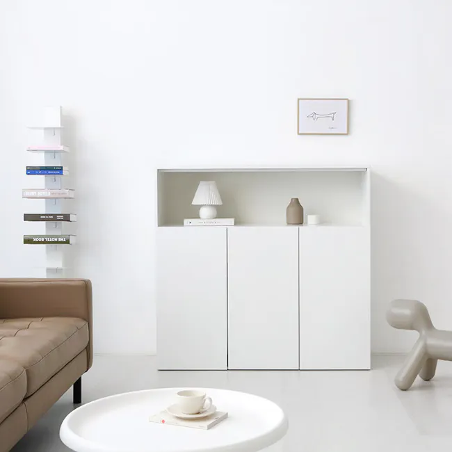 Fikk 3 Door Open Tall Cabinet - White - 2 - Minimalist living room, modern furniture, white walls, sleek shelving