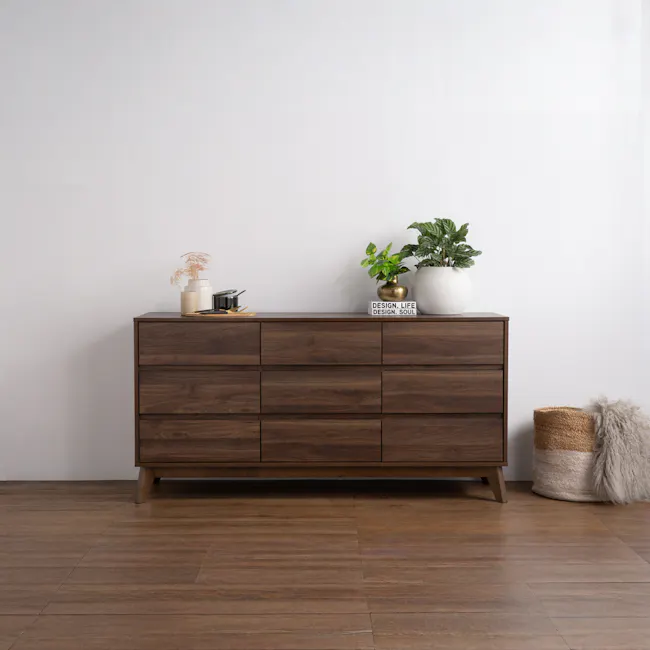 Herschel 9 Drawer Chest 1.5m - Walnut - 3 - Wooden dresser, minimalist design, dark wood finish, six drawers, modern