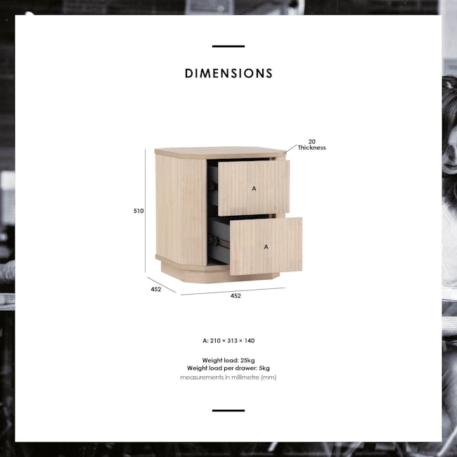 Claire Bedside Table - 8 - Light wood cabinet, 20mm thickness, 452mm height, 510mm width, A: 210 x 313 x 140, 25kg weight
