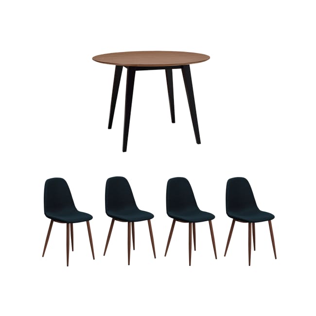 Ralph Round Dining Table 1m - Black, Cocoa with 4 Fynn Dining Chair - Walnut, Black - 0