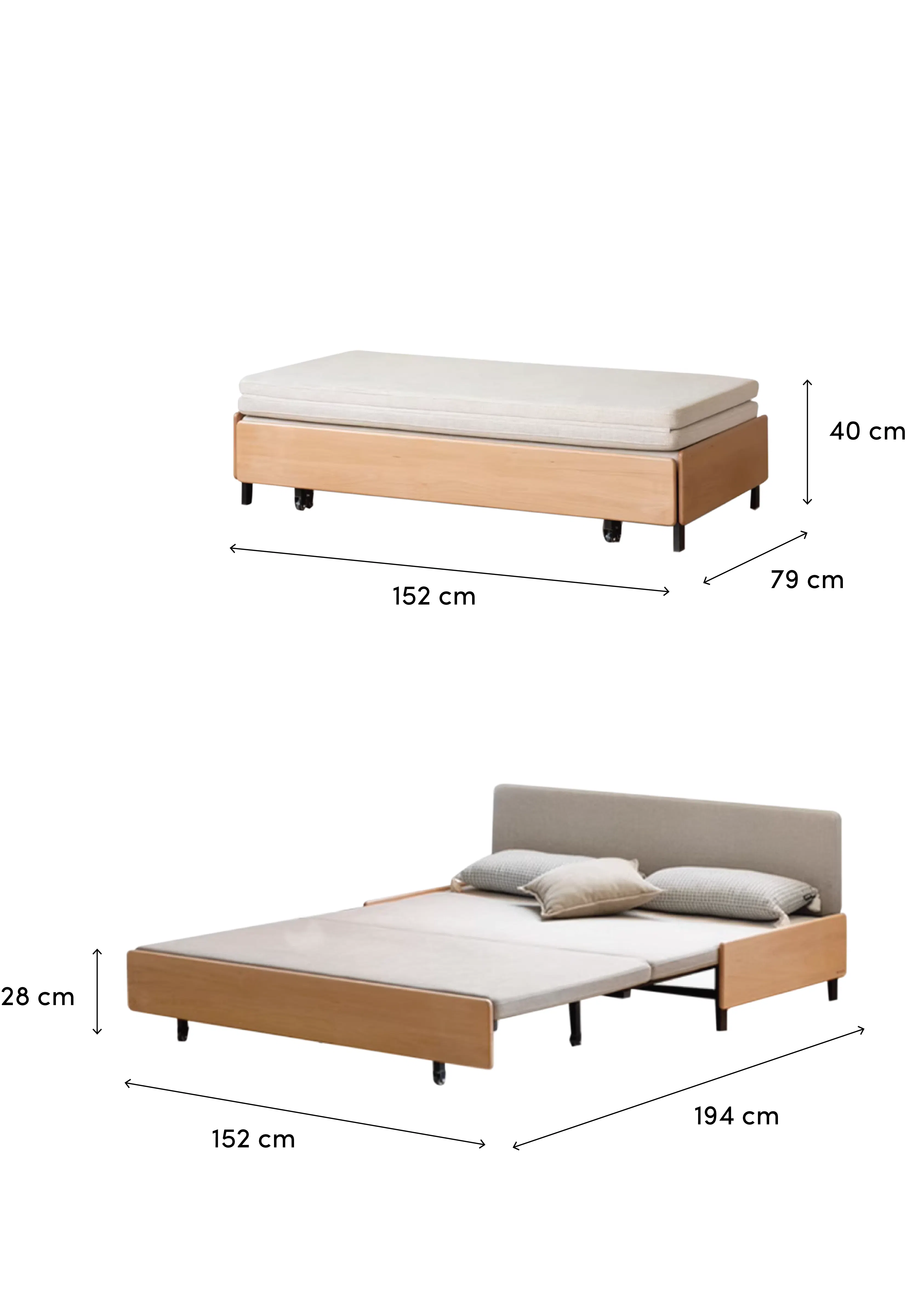 Yoke Sofa Bed / Bench 1.5m - Gravel White - 11 - Wooden twin bed, 152 cm height, 40 cm mattress, 79 cm leg height, 28 cm