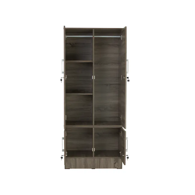 Naya 4 Door Wardrobe with Locks - Dark Sonoma - 2 - Wooden wardrobe with metal handles, open shelves, dark wood finish