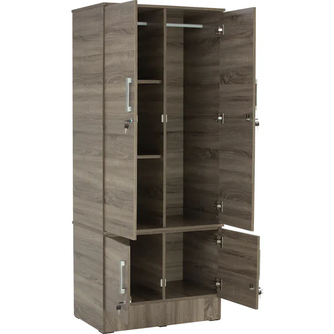 Naya 4 Door Wardrobe with Locks - Dark Sonoma - 4 - Wooden wardrobe with sliding doors, open and closed, dark wood finish