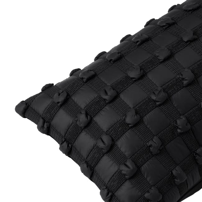 Dainie Textured Puffed Grid Lumbar Cushion - Black - 3 - Black quilted bedding with decorative pom-poms, Elegant quilted