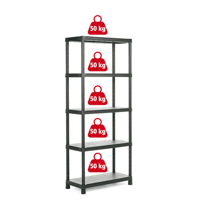 Shelf Plus 80/5 - 7 - 50 kg, weight rack, multi-tier shelf, black metal rack, storage unit, shelving unit, 50 kg capacity