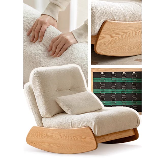 Aya Rocking Chair - 7 - Soft, cushioned chair with plush beige fabric, ergonomic design, integrated footrest, wooden base