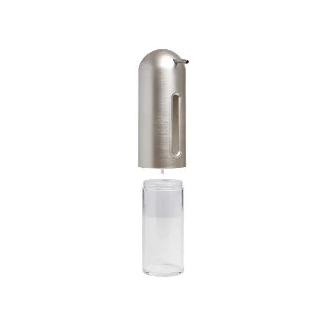 Penguin Soap Pump - Nickel - 6 - Silver cylindrical device, transparent base, cylindrical shape, metallic finish, ergonomic