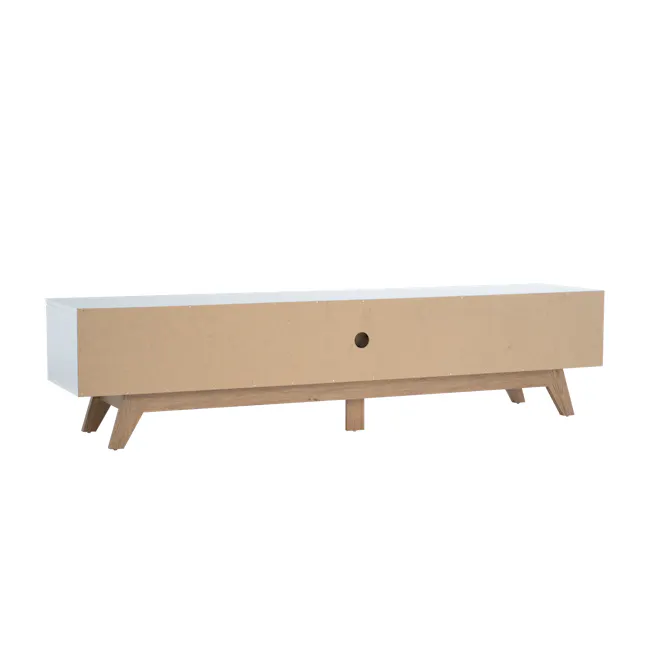 Miah TV Console 1.8m - Natural, White - 9 - Wooden desk with white top, brown wooden legs, small round hole on side, simple
