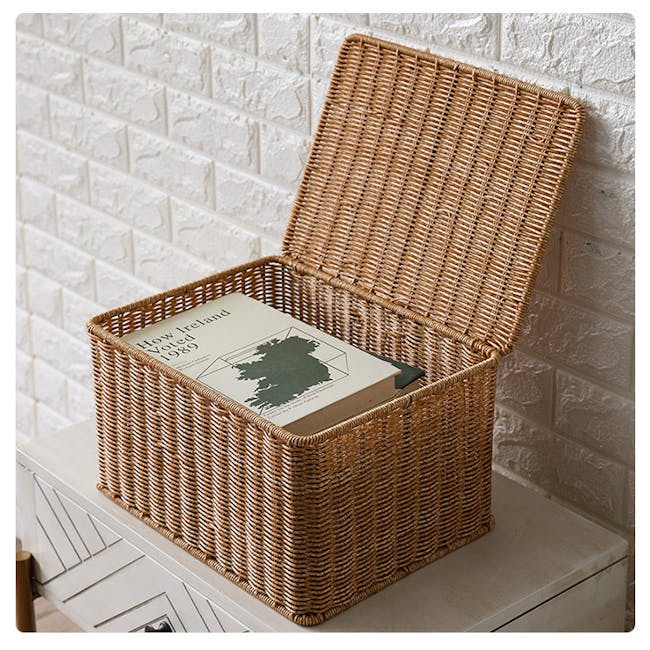 Gabriel Rattan Storage Basket With Lid (3 Sizes) - 2 - Woven basket, open lid, vintage book, beige interior, white brick