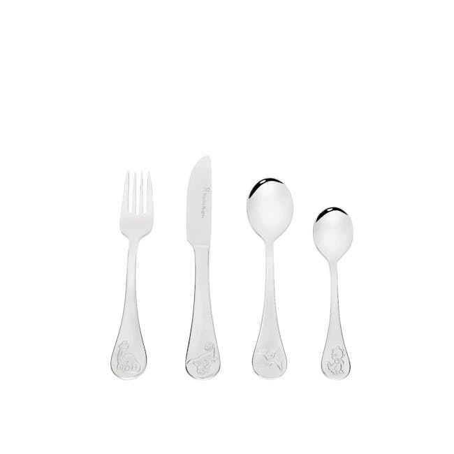 Stanley Rogers Children's Cutlery Dinosaurs 4Pc Set - 5 - Clear glass fork, knife, and spoon, all with embossed designs, set
